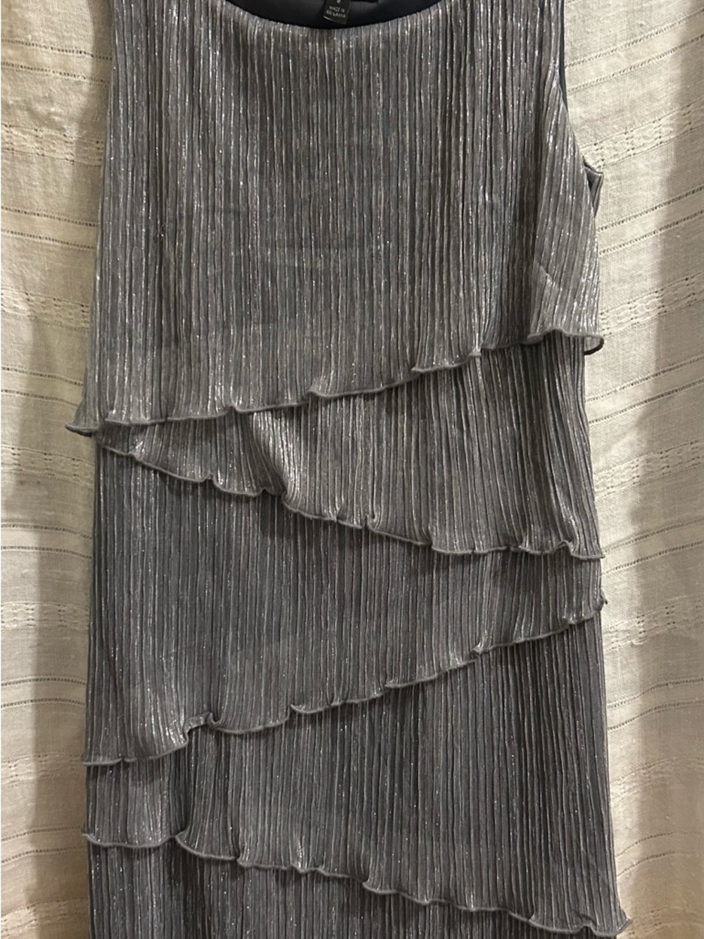 Connected Apparel Metallic Gray Tiered Pleated Midi Dress